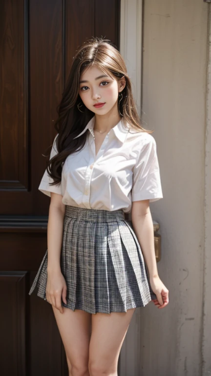 A high school girl wearing a short, checkered pleated skirt、plump thighs、unbuttoned white blouse、