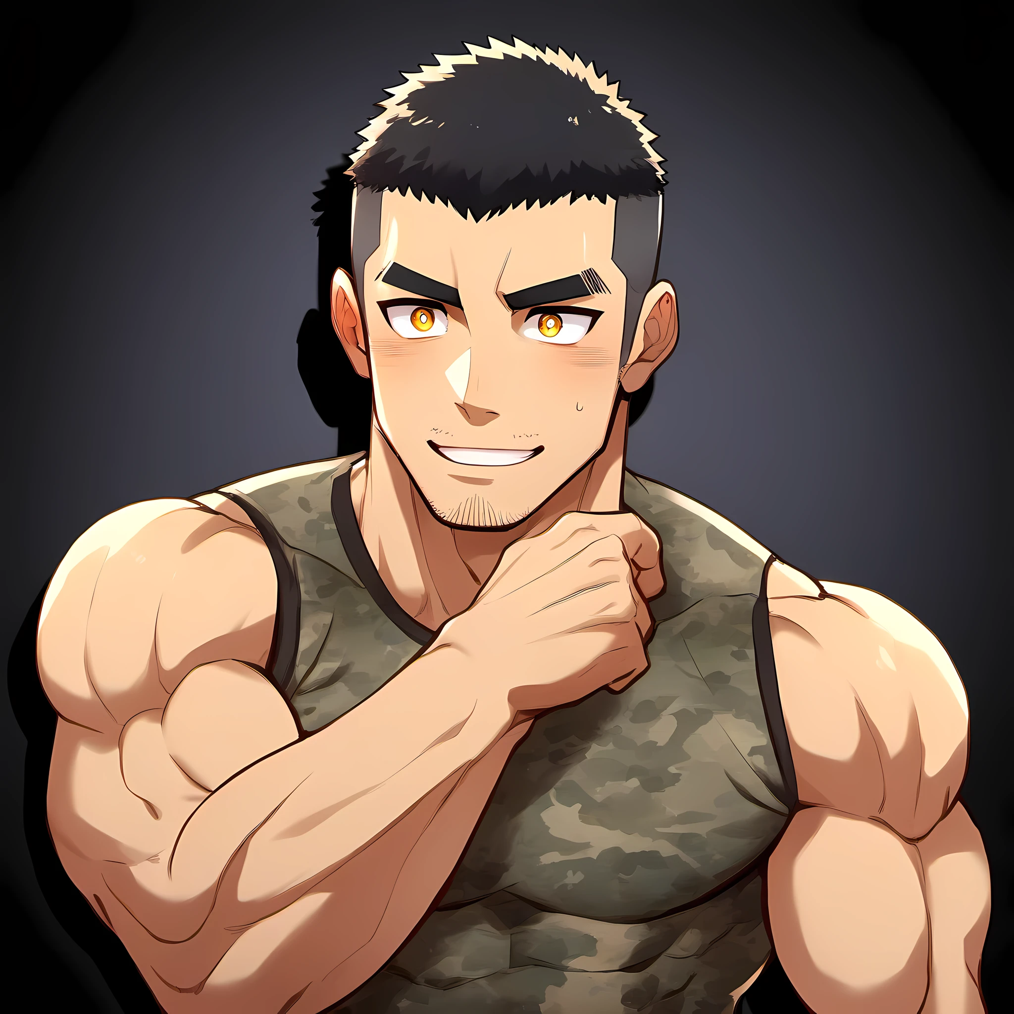 anime characters:Gyee, Fitness coach, 1 muscular tough guy, Manliness, male focus, Camouflage sleeveless T-shirt, Very tight, Slightly transparent, muscular male, muscular, only, Upper body, alone, Black short hair, Thick eyebrows, stubble, Yellow eyes, Black background, simple background, amazing quality, best aesthetics, Ridiculous, bright pupils, crew cut, parted lips, embarrassed, forced smile, drop shadow, best quality