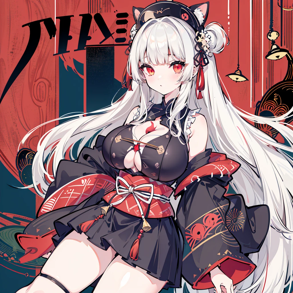 vtuber-fullbody、One girl, ((Colossal tits: 1.4)), ((Hi-Res)), ((masuter piece)), ((Best Quality)), (Very detailed)), Large file size, fulcolor, long white hair, Red Eyes, (eye line), Black rose pattern, Kimono,
