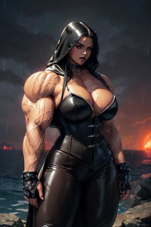 ((((Massive, tall, beautiful, buff, wet, light brown skinned muscular woman with black hair, black lipstick, ginormous bulky muscles, wearing a black leather corset with tight pants and hooded cape)))), (red background), close view, (massive muscles), massive biceps, hyper muscle shoulders, hyper muscle triceps, (straight long hair), glowing orange eyes, choker, (chain belt), black spiked boots, (spiked gauntlets), (fingerless gloves), (in a raining dark island), confident smirk, night, red moon, (red skies), hyper vascular arm, hyper muscles arms, hyper muscle legs, (ginormous arms).