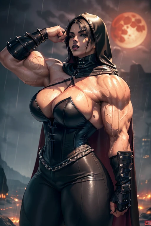 ((((Massive, tall, beautiful, buff, wet, light brown skinned muscular woman with black hair, black lipstick, ginormous bulky muscles, wearing a black leather corset with tight pants and hooded cape)))), (red background), close view, (massive muscles), massive biceps, hyper muscle shoulders, hyper muscle triceps, (straight long hair), glowing orange eyes, choker, (chain belt), black spiked boots, (spiked gauntlets), (fingerless gloves), (in a raining dark island), confident smirk, night, red moon, (red skies), hyper vascular arm, hyper muscles arms, hyper muscle legs, (ginormous arms).