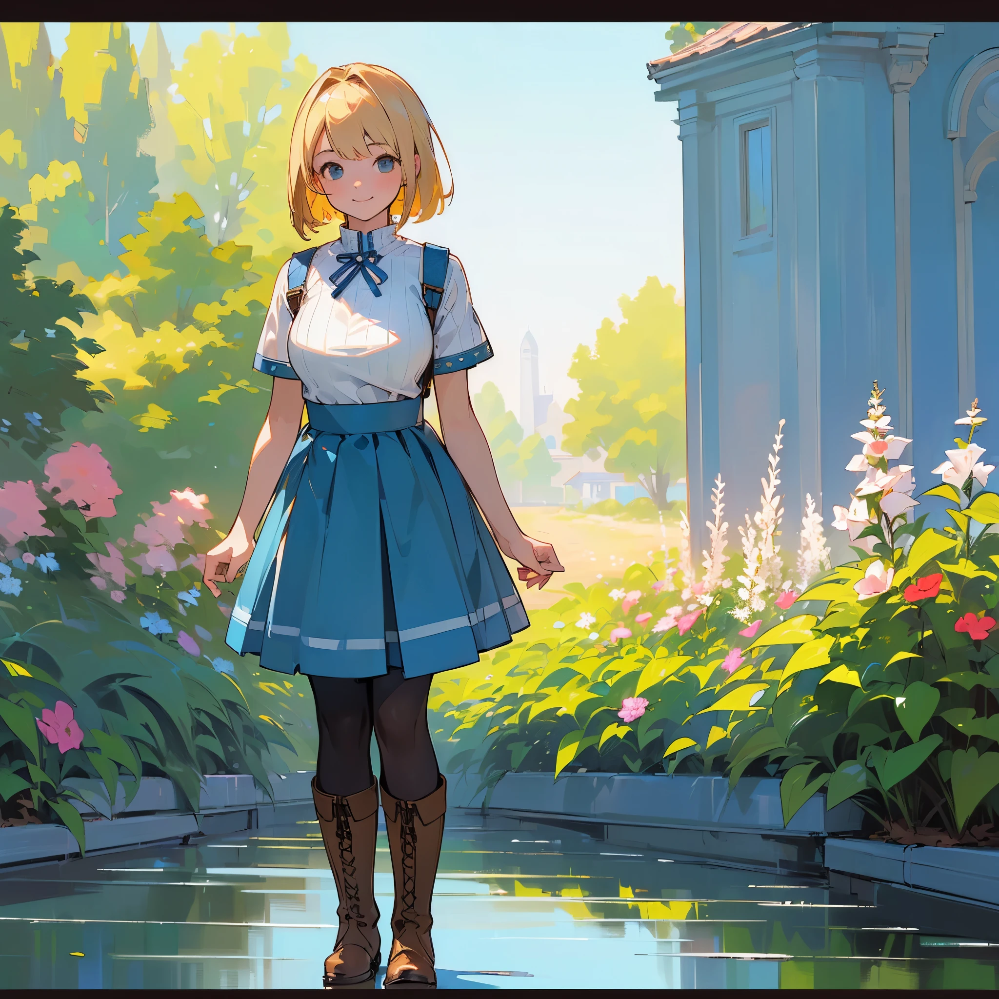 (high quality, High resolution, Super detailed, reality:1.37), peaceful atmosphere, (outdoor, garden), teenage girl standing alone, (my breasts are big.), Beautiful detail features, cute smile, (blonde bob hair), Short sleeve ribbed sweater, blue skirt, black tights, brown boots.