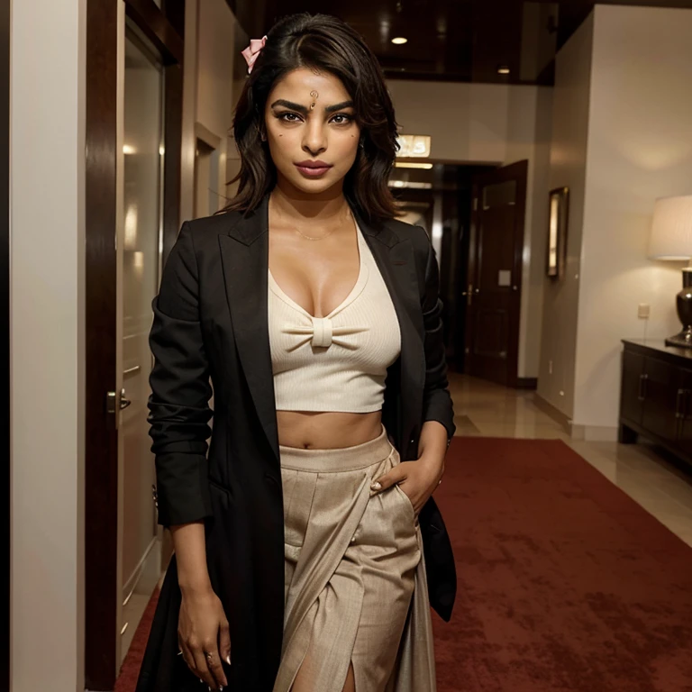1 mulher adulta, beautiful Bollywood supermodel, big chest, cabelo comprido, cabelo cacheado, cabelo cor preto, pele suave, olhos castanhos, sorrir, vegetation, Occasional, Businesswoman style clothes, blaser marrom claro, realista, com fundo em um restaurante chique, 8k super realista, super detalhado e realista