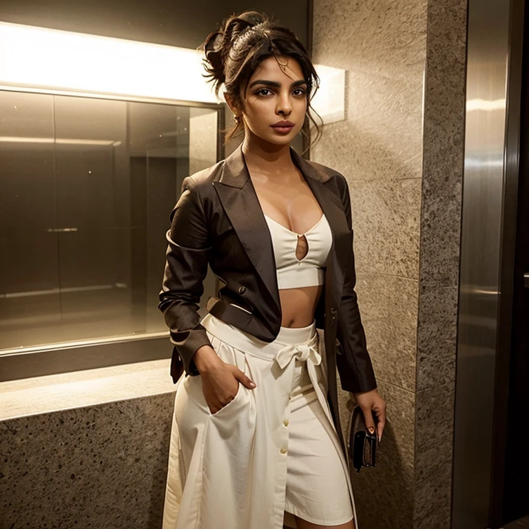 Priyanka Chopra dressed in a blazer and bow and a long skirt with her face painted