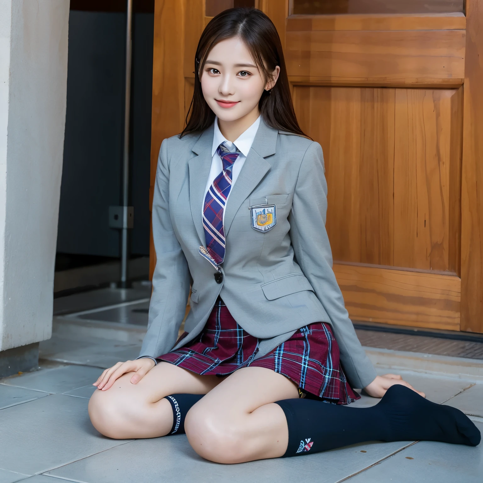 (8K), (highest quality: 1.2), (realistic), (realistic: 1.37), ultra high resolution, (1 girl), cute, smile, closed mouth, beautiful details, beautiful nose, wet hair, giant dulcefo, pork, thighs,self snap,University Student Uniform,simple blazer,pleated skirt,(The pattern of the skirt and tie is a tartan check pattern....:1.3),(sitting:1), sit on the ground,(hug your feet:1),(Argyle tights),from the front,knees,panties