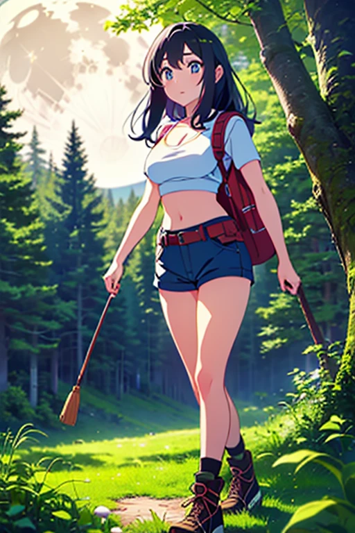 ultra high res, masterpiece, anime style, cell shading, highly detailed, fantasy inspired setting, 1girl, long black hair, blue eyes, expressive eyes, perfect face, medium breast, small waist, perfect figure, athletic physique, white crop top, showing cleavage, mid section exposed, wearing a hiking backpack, brown short-shorts, brown hiking boots, walking, looking at viewer, full body portrait, (Background: Outdoors, in the forest, night, moon light luminating on the forest floor, glowing mushrooms, fireflies)
