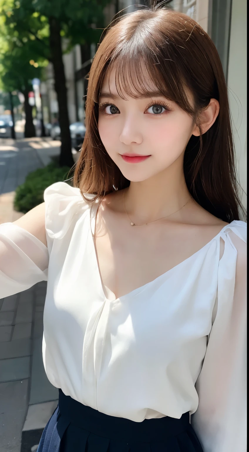 table top, highest quality, shape, Super detailed, finely, High resolution, 8k wallpaper, 完璧なダイナミックな構shape, beautiful and detailed eyes,ランダムなcute髪,,natural color lip, bold sexy pose,smile、20 year old girl、cute、look at the camera,perfect and beautiful face,slim face and style,Big eyes、Do gal makeup,small face、はにかんだsmile,Sheer White Blouse、flare skirt、blurred background