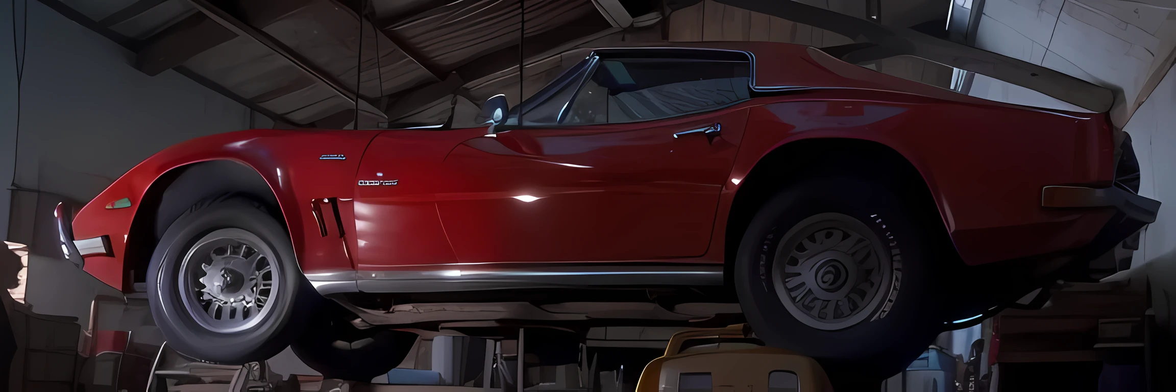 un primer plano de un coche rojo en un ascensor en un garaje, the car is corbeta c2 1969, corbeta c2 1969, escena favorita, Plano medio del encuadre central, movie screencap, En Pulp Fiction 1 9 9 4, Perfect movie shot, bajos, Screenshot of YouTube video, scene from a 1 9 7 3 film