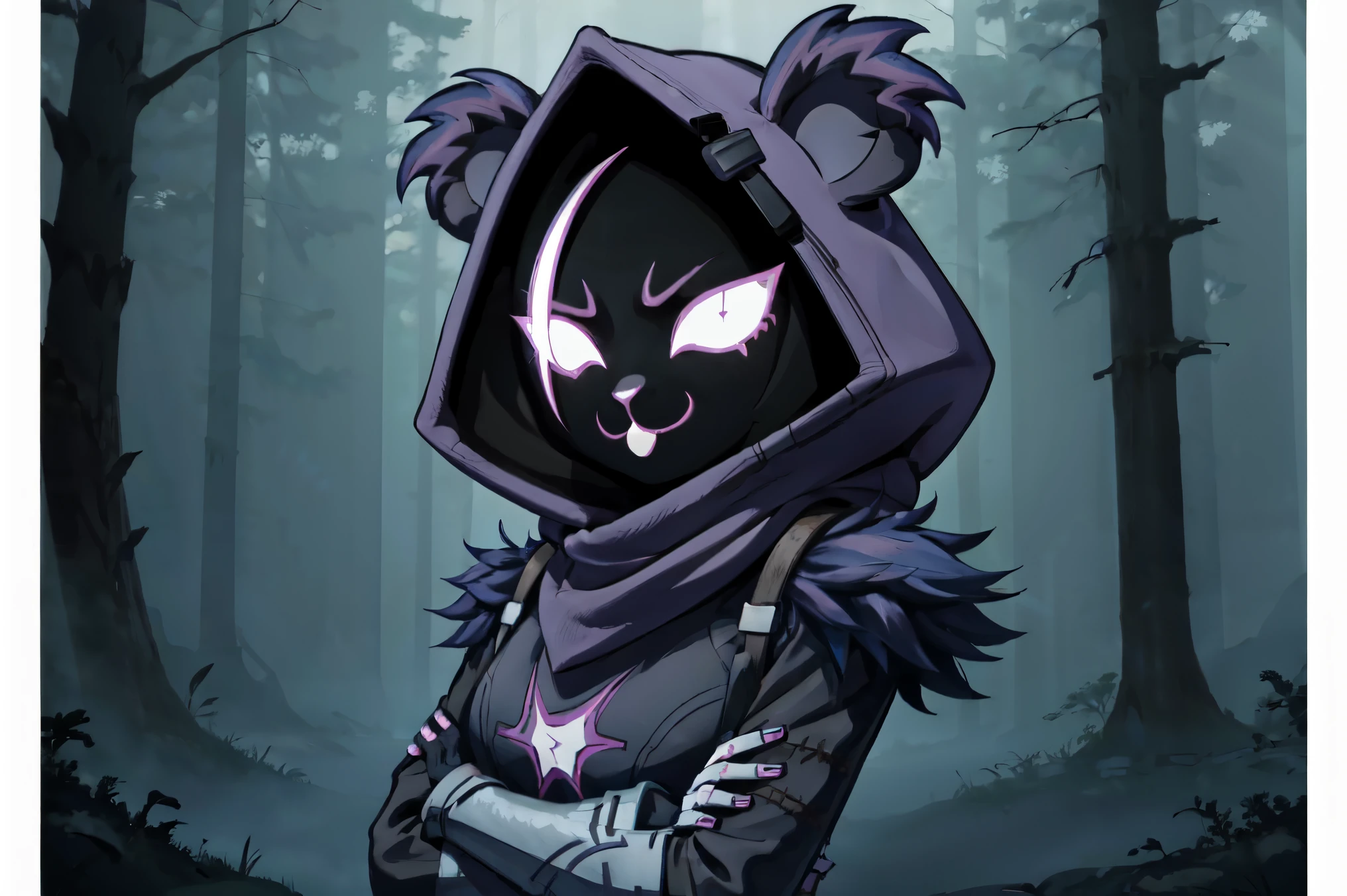 Raven Team Leader, 1girl, purple hood, animal ears, shaded face, purple skin, scar on eye, (furry), (body fur), purple fur, belt, straps, :p, torso symbol, metal gloves, upper body, looking at viewer, circle eyes, expressionless, crossed arms, forest background, midnight, epic, cinematic lighting, volume lighting, bright tone, warm color, colorful, masterpiece, super detail, high quality, best quality, highres, 16k,