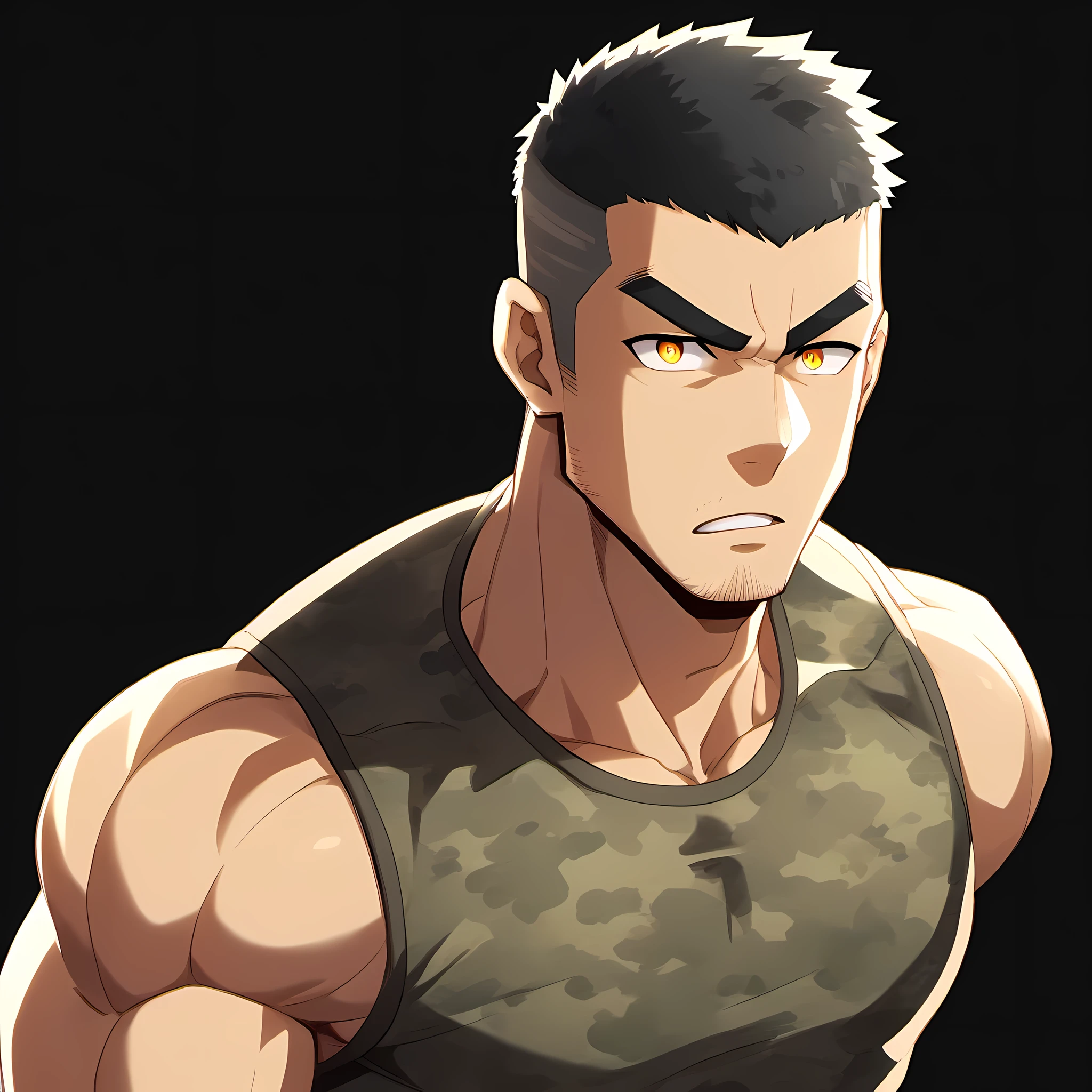 anime characters：Gyee, Fitness coach, 1 muscular tough guy, Manliness, male focus, Camouflage sleeveless T-shirt, Very tight, Slightly transparent, muscular male, muscular, only, Upper body, alone, Black short hair, Thick eyebrows, stubble, Yellow eyes, Black background, simple background, amazing quality, best aesthetics, Ridiculous, bright pupils, crew cut, parted lips, v-shaped eyebrows, jitome, drop shadow, best quality