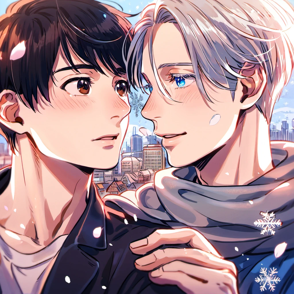 absurdres, highres, ultra detailed, HDR, master piece, best quality, Victor Nikiforov, platinum hair, expressive blue eyes, Yuri on ice, Katsuki Yuuri, black hair, expressive brown eyes, 2men together, gay couple, handsome, petals, city, buildings, snow, snowflakes