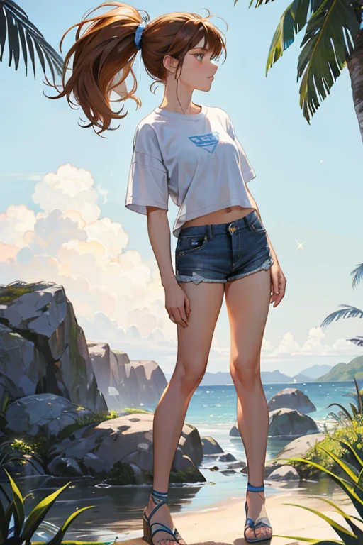Karla is a thin American woman, though seems to be somewhat muscular from having been working day and night to escape the island. She has a light tan complexion, and long, unkempt ginger hair with a small ponytail in the back. She's seen wearing a white t-shirt and a pair of blue-gray shorts, both articles dirty, as well as white sandals with blue circles on the toe straps. SPARKLE; GLITTER