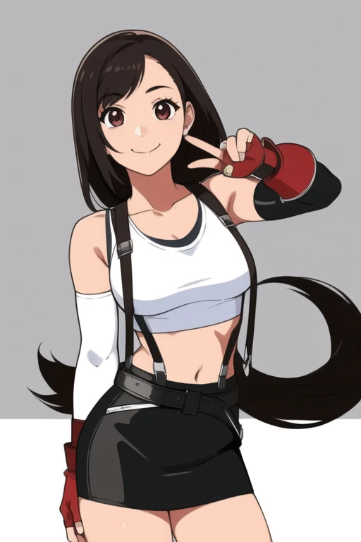 1girl, solo, masterpiece; looking at viewer, smiling; defTifa, white crop top, elbow pad, fingerless gloves, suspenders, pencil skirt