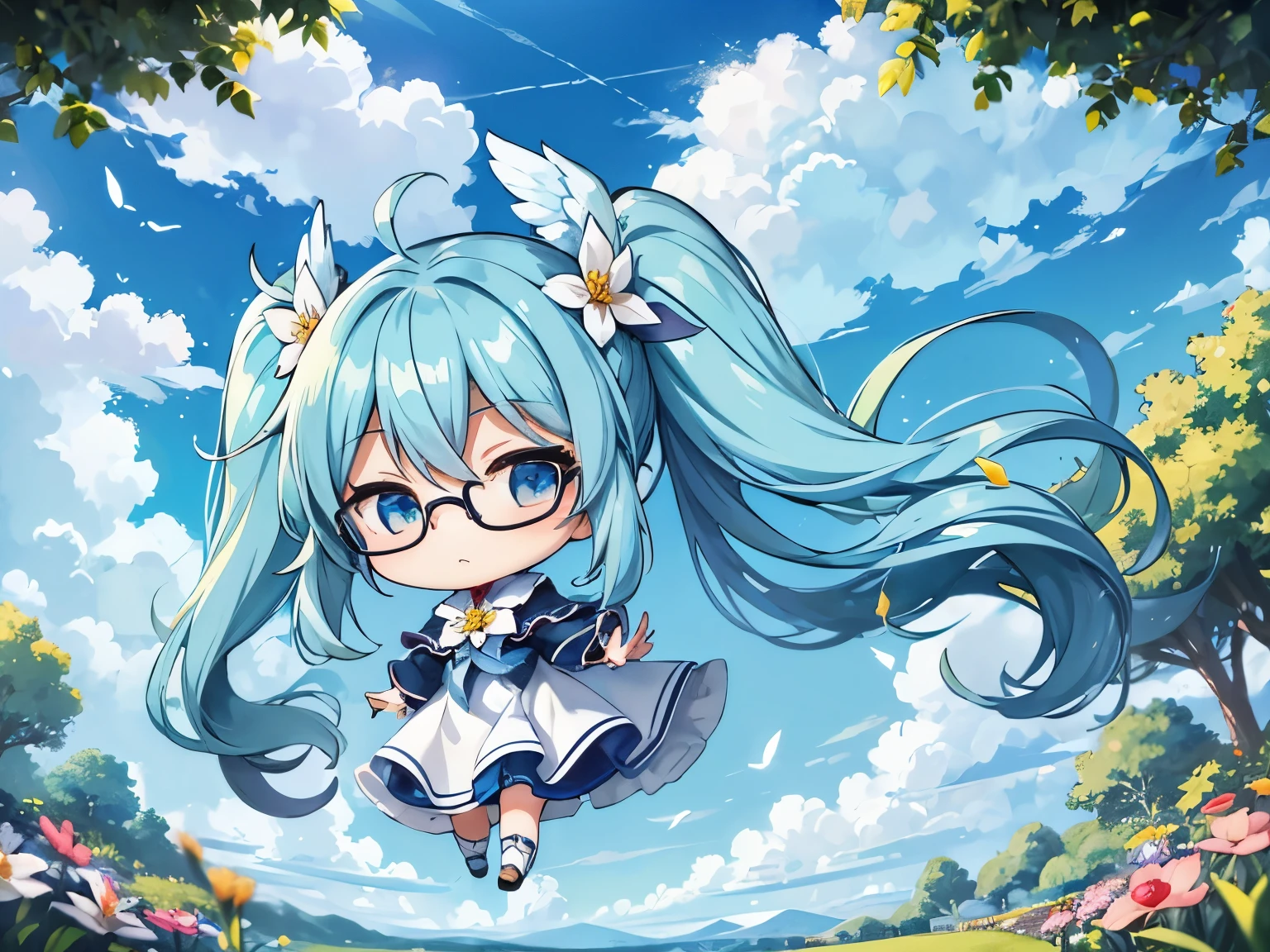 light blue long hair、Beautiful girl with twin tails、I wear glasses　With angel wings、fly in the sky、long blue hair((chibi character))、fluffy、with a girl、chibi character、Full body Esbian、Blue sky with floating clouds、Flower field in a park with fresh greenery、highest quality、large in the center