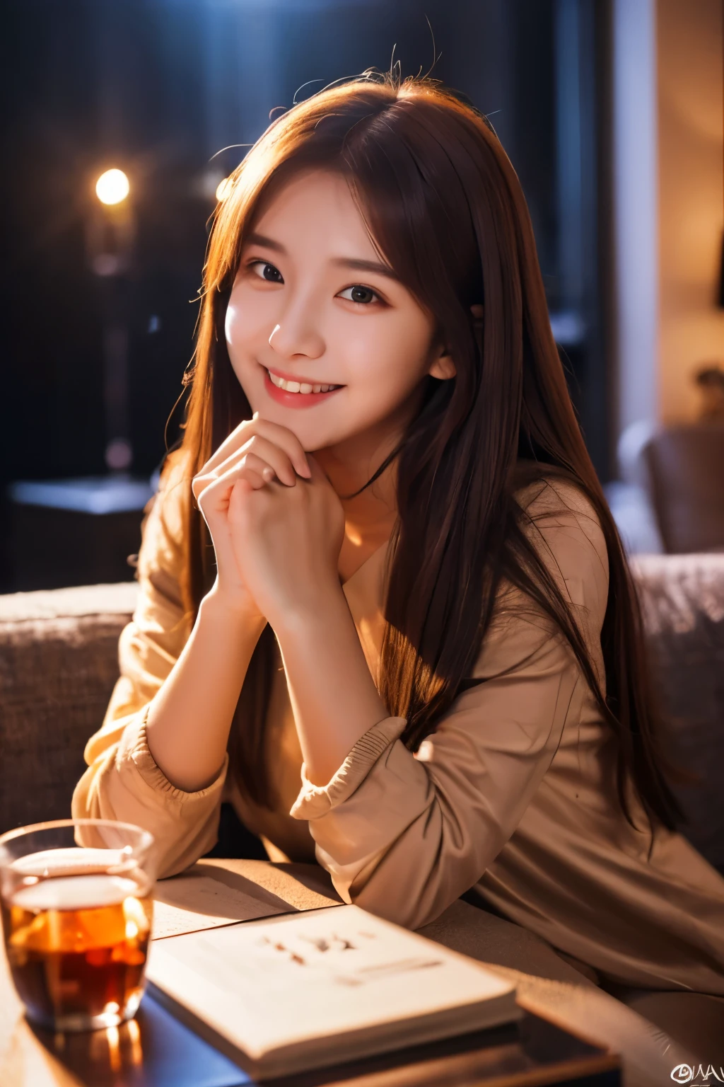 A 21-year-old girl with an idol-like cute face who looks smile gently rather large bust Living room at night Drinking wine Dark lighting for a good atmosphere at night Raw photo genuine real High definition Do not display copyright