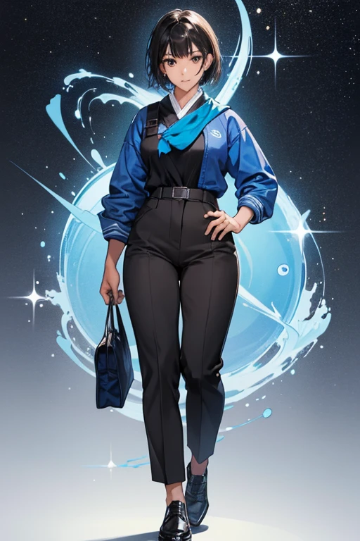 Kazumi is dirty brown-skinned young woman with short black hair, black eyes and an average build.

She is seen wearing a blue kerchief, blue apron, a grayish-black farmer's suit and grayish-black shoes. SPARKLE; GLITTER