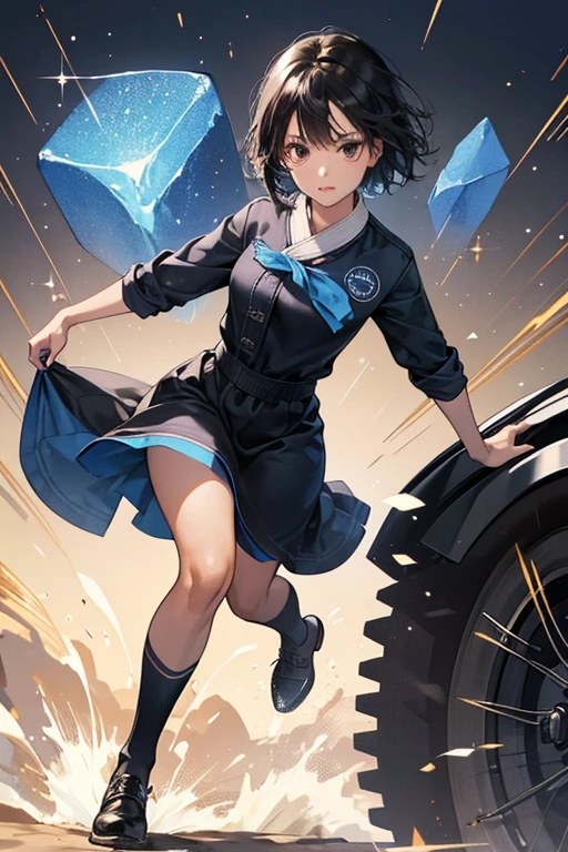 Kazumi is dirty brown-skinned young woman with short black hair, black eyes and an average build.

She is seen wearing a blue kerchief, blue apron, a grayish-black farmer's suit and grayish-black shoes. SPARKLE; GLITTER