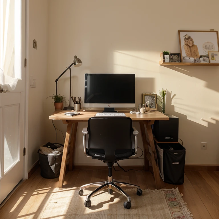 escritorio iluminado por luz solar y una silla giratoria con rueditas