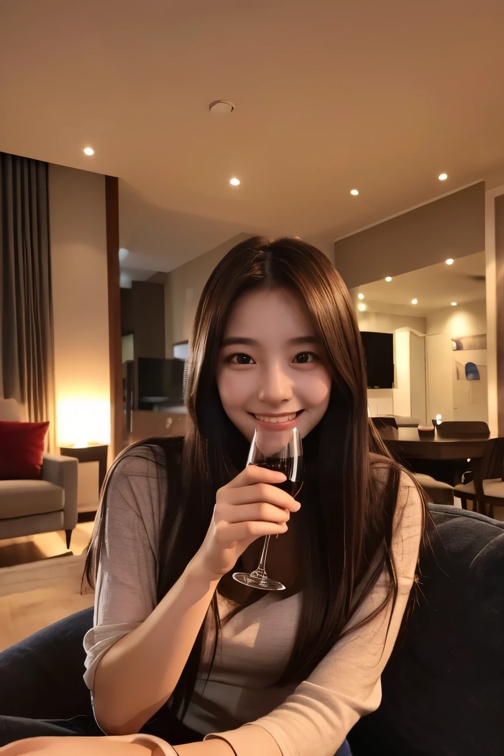 A 21-year-old girl with an idol-like cute face who looks smile gently rather large bust Living room at night Drinking wine Dark lighting for a good atmosphere at night Raw photo genuine real High definition Do not display copyright