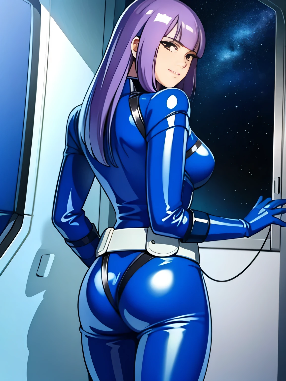 ((masterpiece,cg,best quality,highres)), good anatomy,extremely delicate and beautiful,(semi-realistic:1.5),detailed eyes,perfect face,beautiful face,1girl,solo,louka,blue pilot suit, long hair, purple hair, latex suit, white belt,star mark, light smile, facing viewer,,standing beside window, sexy, alluring, cowboy shot, curvy hips, inside spacecraft,galaxy,planet,glass,, from behind 