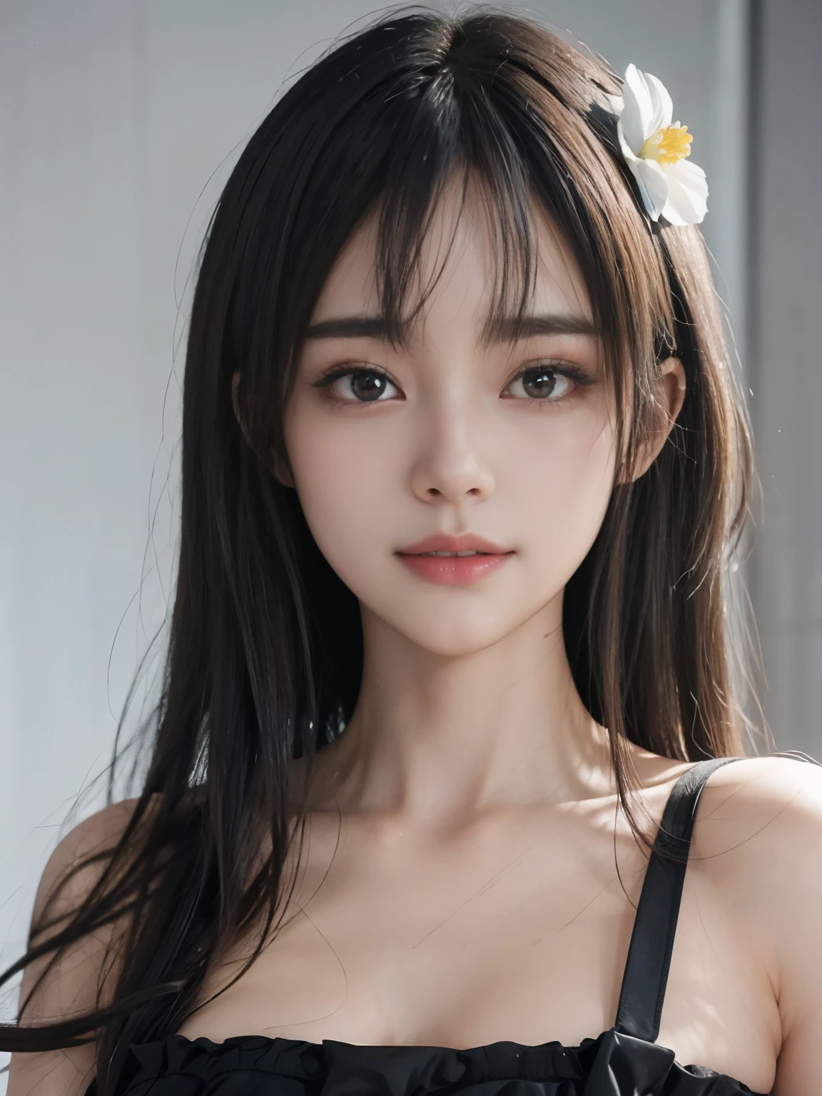 (ultra realistic) , (illustration), (increase resolution), (8K), (extremely detailed), (best illustration), (beautiful detailed eyes), (best quality), (ultra-detailed), (masterpiece), (wallpaper), (detailed face), solo,1 girl, looking at viewers, black straight hair, delicate details, in the dark, deep shadow, low key, pureerosfaceace_v1, happy smile, summer dress, full body, flower garden