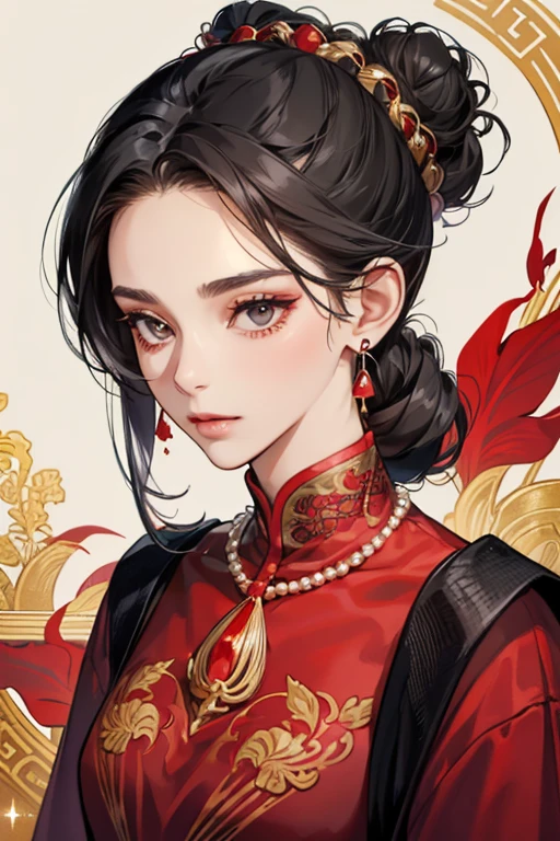 Linda's hair is black with a little bit of dark grey and tied into a sleek bun with a few strands hanging down in front of her ears. She has black eyes and has fair complexion but has wrinkles. She wears round golden earrings and a pearl necklace for neck accessories. Linda wears a red patterned changshan with a maroon top over it. SPARKLE; GLITTER
