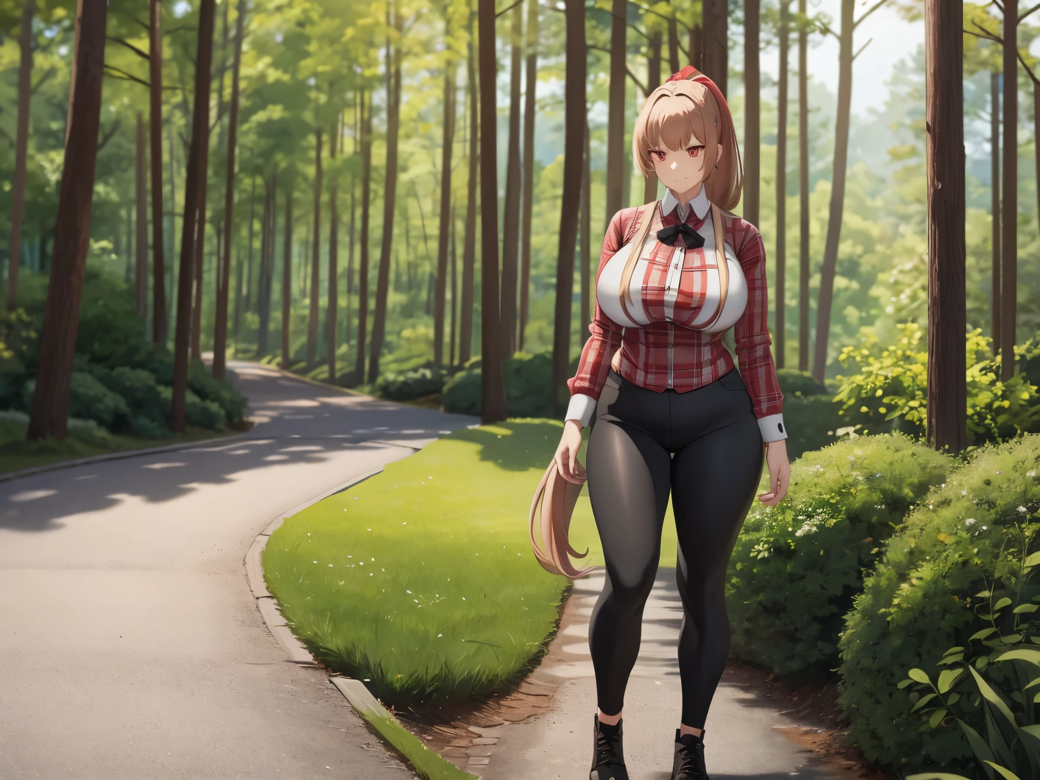 A woman wearing a red plaid shirt, wearing tight black pants, big breasts, wearing women's shoes, long beige hair, ponytail hair, bow in her hair, red eyes, showing her entire body, walking on a concrete walkway in a forest, green trees, a modern house in the background,HDR, masterpiece, well defined, ultra resolution, high quality, 8k HD. (just a woman, solo)
