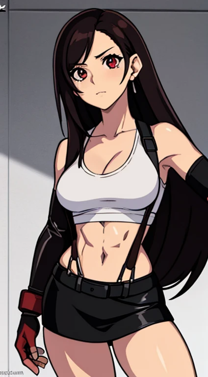 masterpiece, best quality, tifa lockhart, final fantasy vii, 1girl, anime style, cell shading, long black hair, reddish-brown irises, medium breasts, small waist, perfect figure, athletic physique, highly detailed, expressive eyes, perfect face, white crop top, cleavage, elbow pad, fingerless gloves, suspenders, black leather miniskirt, looking at viewer,