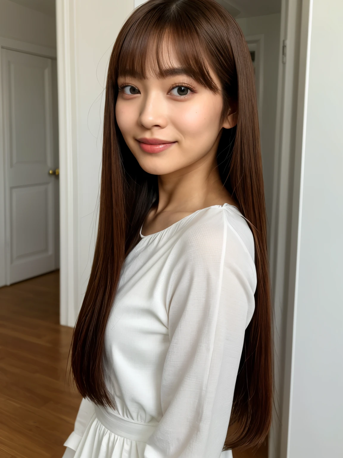 ((highest quality、8K、masterpiece:1.3))、ultra high resolution、(photogenuineistic:1.4)、table top、white wall、Taken in front of the white door、Photographed in natural light、don't look at the camera、avert your eyes、Grey long-sleeved dress、Raw photo、Japanese,(face)、genuine、((profile))、Photographed in natural light、Highly detailed face and skin texture、highly detailed lips、correct state of the human body、straight hair、bright hair color、various poses、natural color lip 、long hair、((明るい茶色のstraight hair))、straight hair、shot from behind、angle from behind、Super detailed、30 generations、actress、髪型はまっすぐなstraight hair、Enhances hair shine