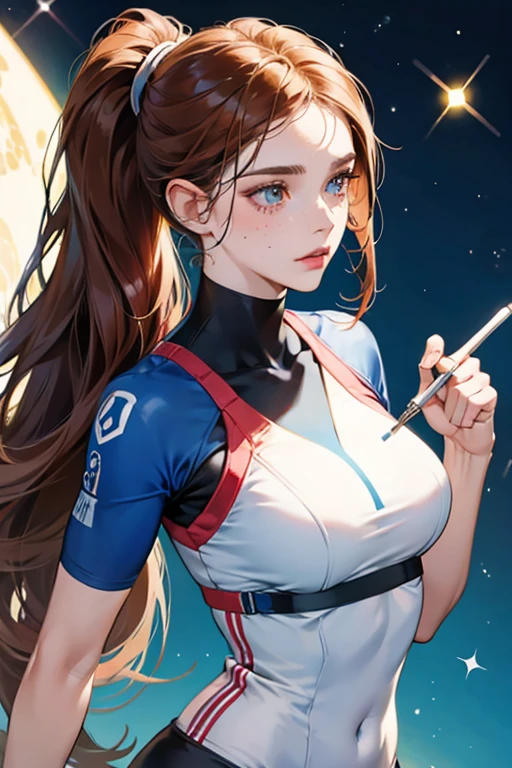 Lucy is , athletic human woman with pale skin and auburn hair, which she keeps pulled back in a ponytail (apart from one strand that curls out over her forehead). She has freckles on her cheeks. . SPARKLE; GLITTER