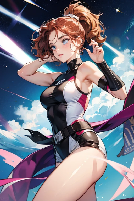 Lucy is , athletic human woman with pale skin and auburn hair, which she keeps pulled back in a ponytail (apart from one strand that curls out over her forehead). She has freckles on her cheeks. . SPARKLE; GLITTER