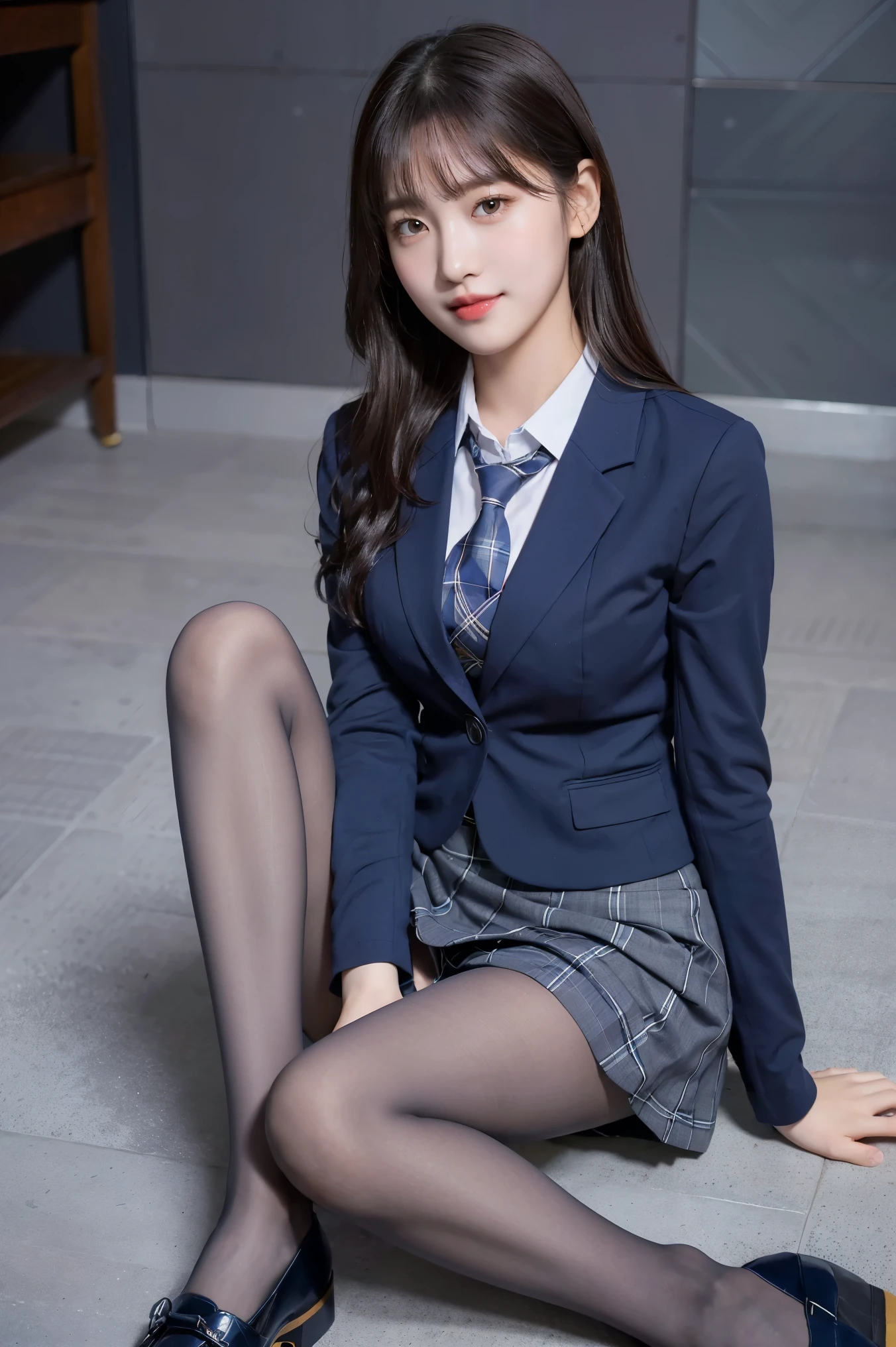 (8K), (highest quality: 1.2), (realistic), (realistic: 1.37), ultra high resolution, (1 girl), cute, smile, closed mouth, beautiful details, beautiful nose, wet hair, giant dulcefo, pork, thighs，self snap,University Student Uniform,A simple navy blue blazer,pleated skirt,(The skirt and tie are gray tartan check pattern....:1.3),(sitting:1), sit on the ground,(hug your feet:1),(Pink pantyhose:1.1),from the front,knees