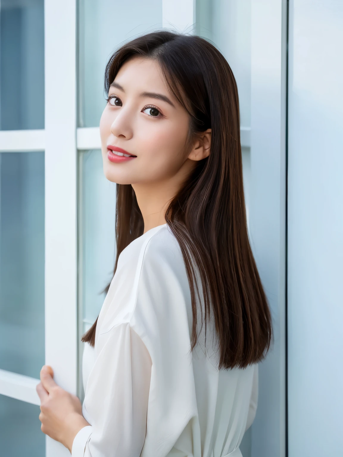 ((highest quality、8K、masterpiece:1.3))、ultra high resolution、(photogenuineistic:1.4)、table top、white wall、Taken in front of the white door、Photographed in natural light、don't look at the camera、avert your eyes、Grey long-sleeved dress、Raw photo、Japanese,(face)、genuine、((profile))、Photographed in natural light、Highly detailed face and skin texture、highly detailed lips、correct state of the human body、straight hair、bright hair color、various poses、natural color lip 、long hair、((明るい茶色のstraight hair))、straight hair、shot from behind、angle from behind、Super detailed、30 generations、actress、髪型はまっすぐなstraight hair、Enhances hair shine