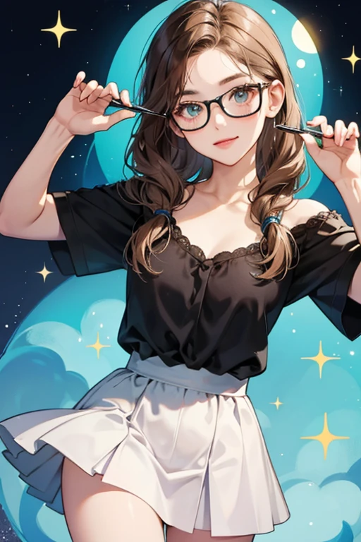 Marie is the host and star of her web show: Mornings with Marie. She has long, light brown hair. She appears to have eyelash wings and she has freckles. She wears glasses with black frames and a teal shirt with a light blue symbol on the chest. SPARKLE; GLITTER