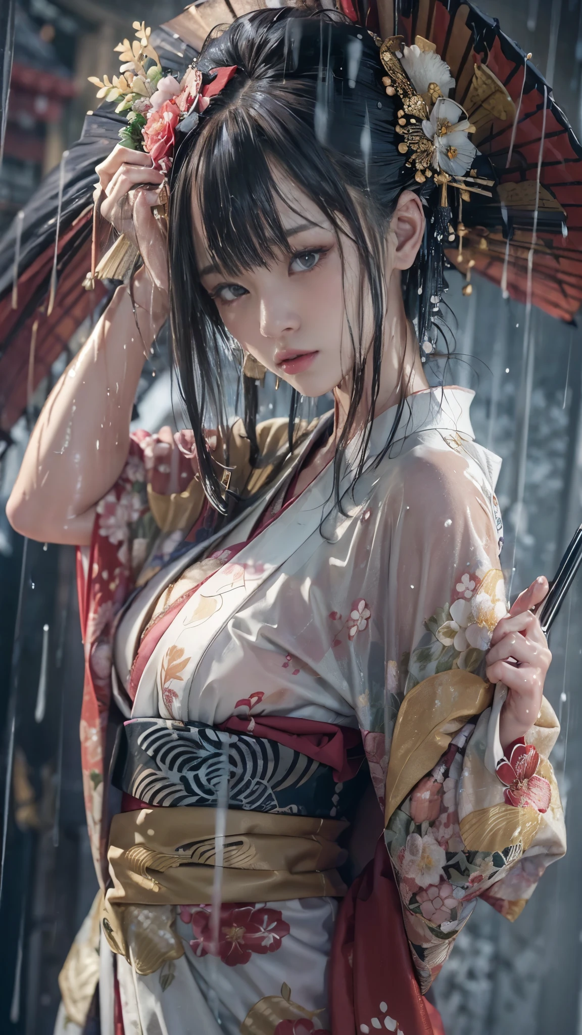 ((Low angle shooting:1.5)), (Photoreal:1.4, 8K, highest quality, masterpiece, ultra high resolution), ((heavy snow)), perfect dynamic composition:1.2, (In front of the shrine at night during the Taisho period, expression of sadness:0.9), (go up the stairs:0.9, View from directly below:0.9), Highly detailed skin and facial textures:1.2, Skinny prostitute in the rain:1.3, Fair skin:1.2, sexy beauty:1.1, perfect style:1.2, beautiful and aesthetic:1.1, very beautiful face:1.2, water droplets on the skin, (rain drips all over my body:1.2, wet body:1.2, wet hair:1.3), (Professional kimono dressing:1.1, Holding a wet bouquet:1.2, Wet Courtesan Costume:1.35), (Medium chest, Bra is sheer, Chest gap),  (Big eyes that exude beautiful eroticism:0.8, Lips that exude beautiful eroticism:0.8, Too erotic:0.8, Bewitching:0.8), necklace, earrings, bracelet