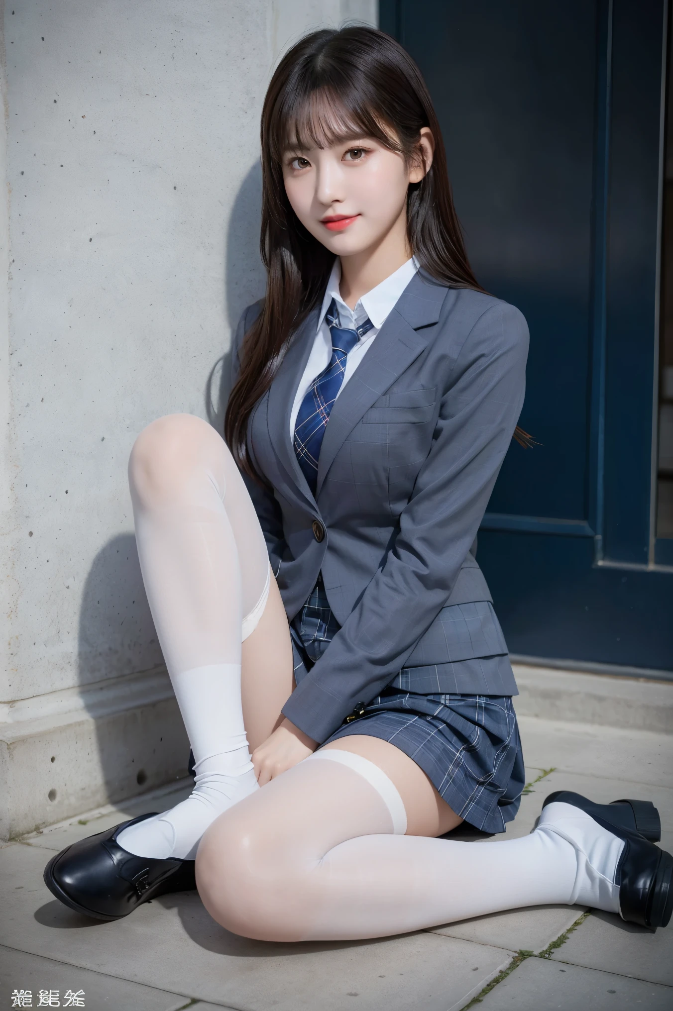 (8K), (highest quality: 1.2), (realistic), (realistic: 1.37), ultra high resolution, (1 girl), cute, smile, closed mouth, beautiful details, beautiful nose, wet hair, giant dulcefo, pork, thighs,self snap,University Student Uniform,(A simple navy blue blazer),pleated skirt,(The skirt and tie are gray tartan check pattern....:1.3),(sitting:1), sit on the ground,(hug your feet:1),white pantyhose,from the front,knees