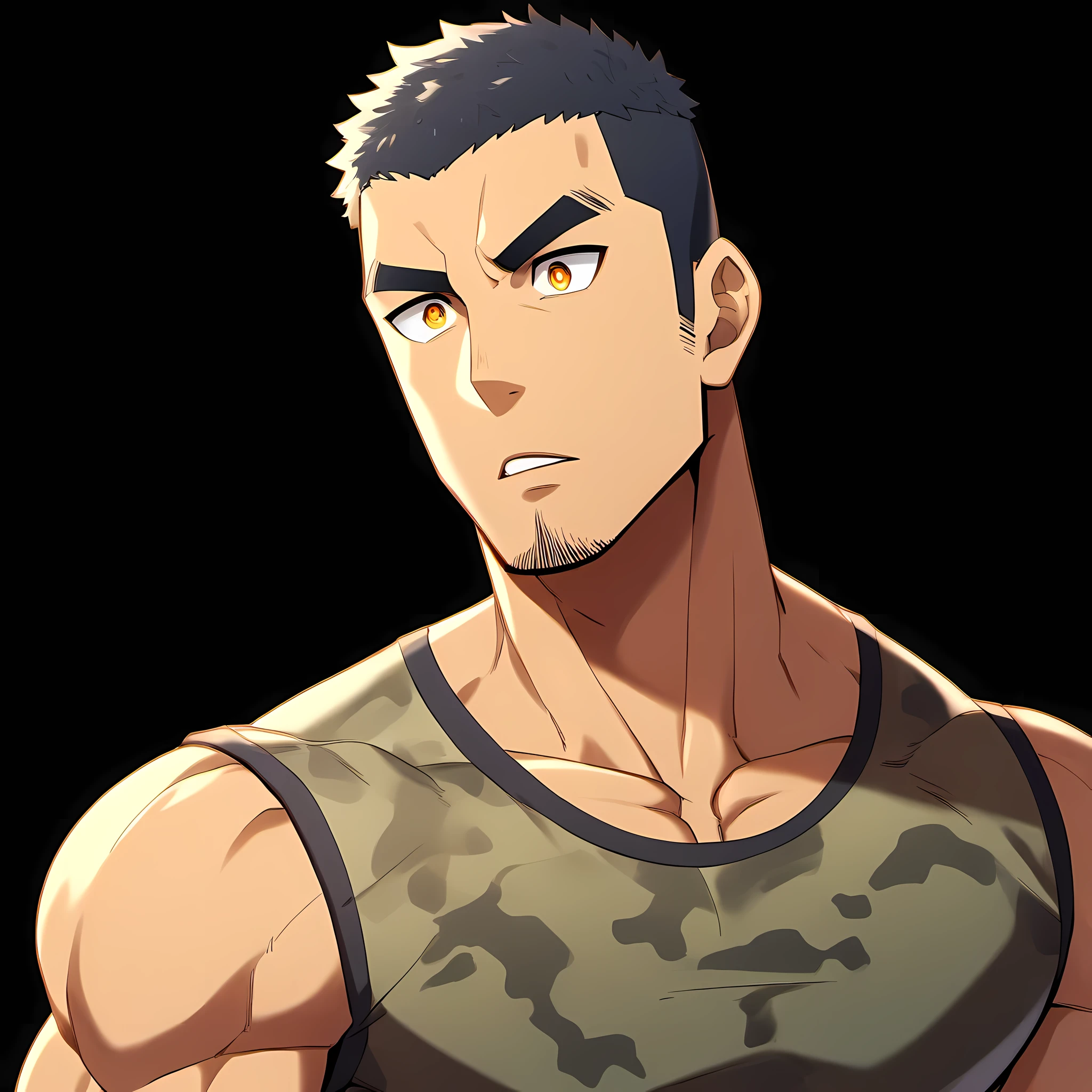 anime characters:Gyee, Fitness coach, 1 muscular tough guy, Manliness, male focus, Camouflage sleeveless T-shirt, Very tight, Slightly transparent, muscular male, muscular, only, Upper body, alone, Black short hair, Thick eyebrows, stubble, Yellow eyes, Black background, simple background, amazing quality, best aesthetics, Ridiculous, bright pupils, crew cut, parted lips, v-shaped eyebrows, jitome, drop shadow, best quality