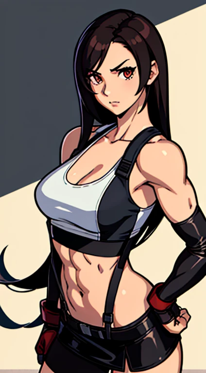 masterpiece, best quality, tifa lockhart, final fantasy vii, 1girl, anime style, cell shading, long black hair, reddish-brown irises, medium breasts, small waist, perfect figure, athletic physique, highly detailed, expressive eyes, perfect face, white crop top, cleavage, elbow pad, fingerless gloves, suspenders, black leather miniskirt, looking at viewer,
