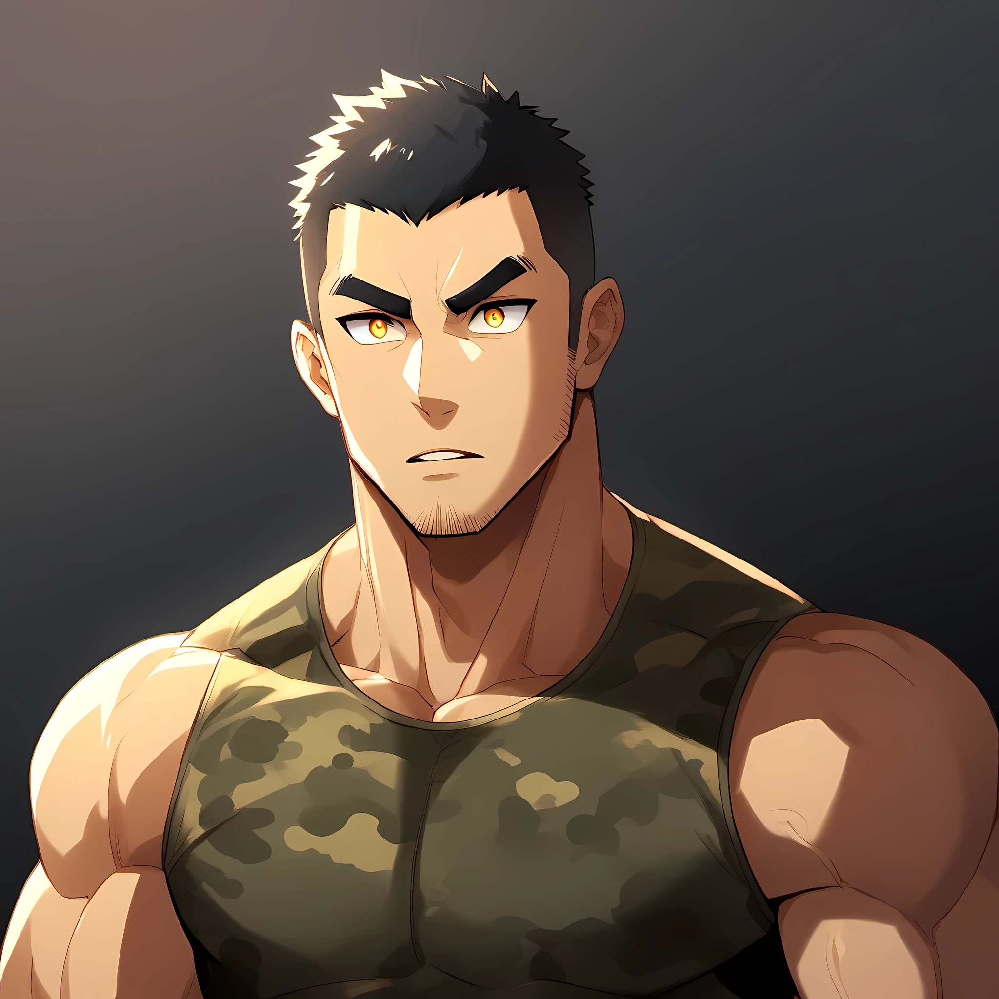 anime characters：Gyee, Fitness coach, 1 muscular tough guy, Manliness, male focus, Camouflage sleeveless T-shirt, Very tight, Slightly transparent, muscular male, muscular, only, Upper body, alone, Black short hair, Thick eyebrows, stubble, Yellow eyes, Black background, simple background, amazing quality, best aesthetics, Ridiculous, bright pupils, crew cut, parted lips, v-shaped eyebrows, jitome, drop shadow, best quality