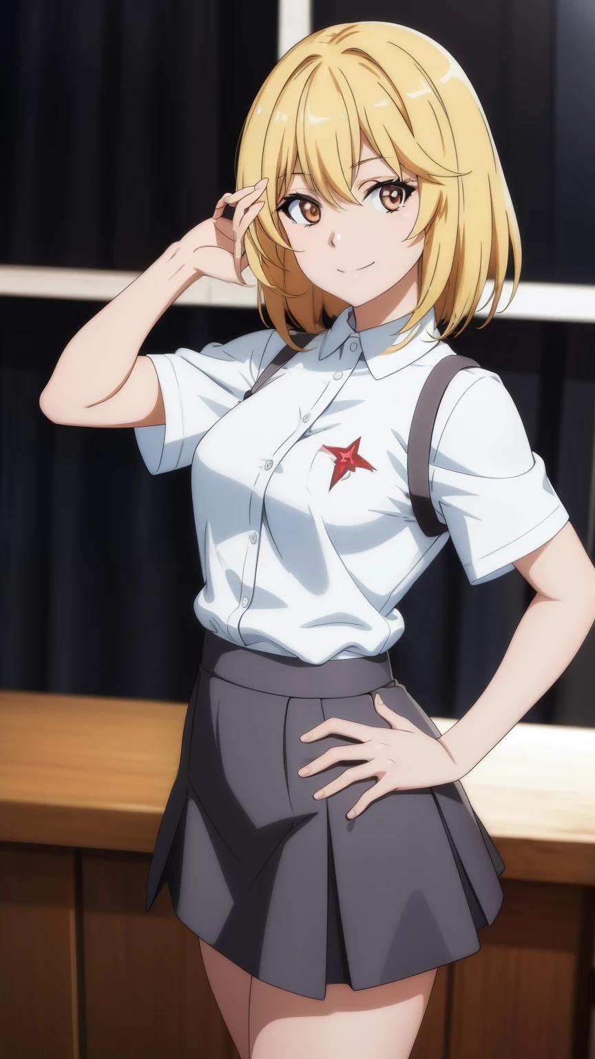 (best quality,highres,masterpiece:1.2),ultra-detailed, anime art style, shokuhou misaku, smiling, blonde hair, , short sleeves, miniskirt, looking at the viewer, stylish pose, stylish angle, looking at the viewer, focus on the center of the image, cowboy shot,