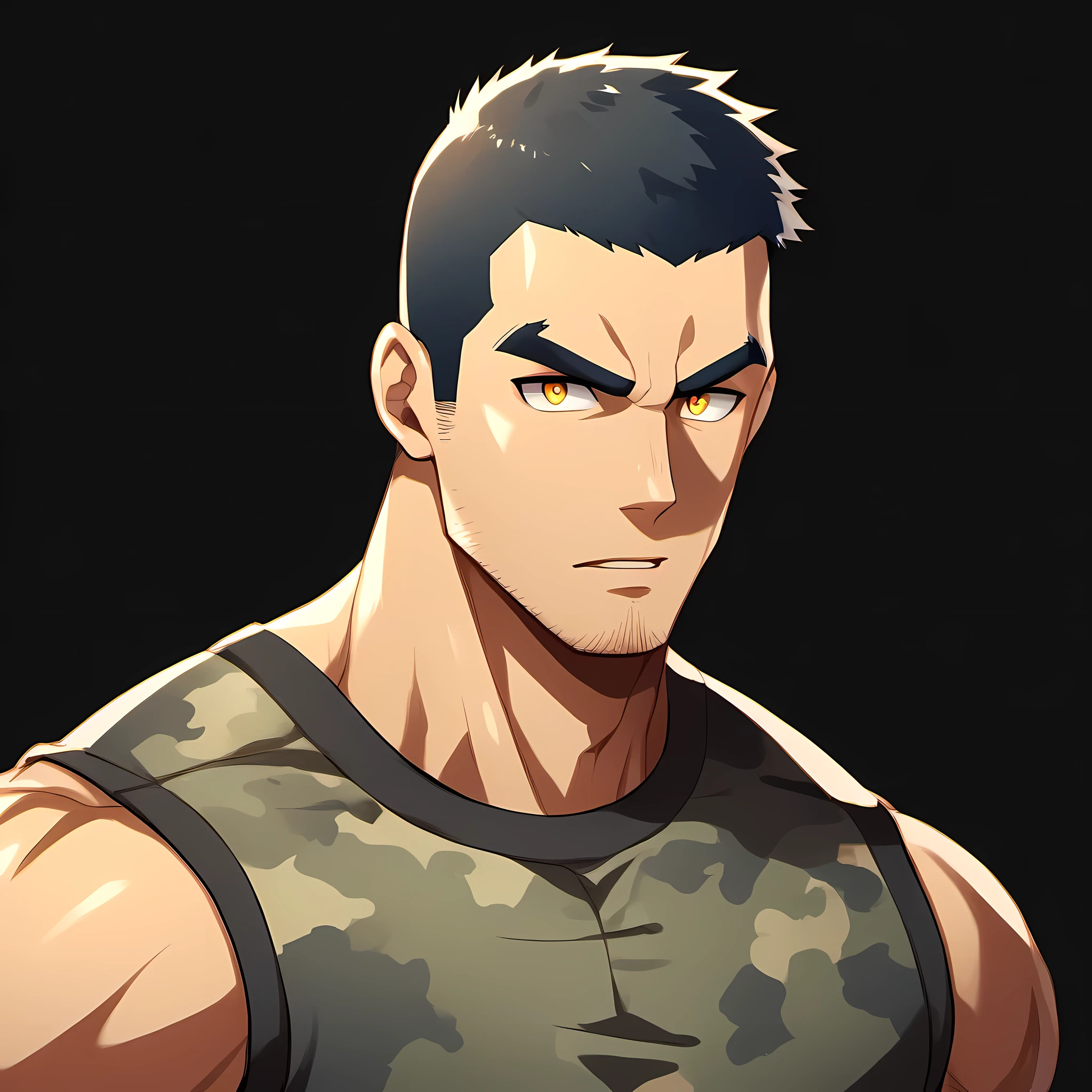 anime characters:Gyee, Fitness coach, 1 muscular tough guy, Manliness, male focus, Camouflage sleeveless T-shirt, Very tight, Slightly transparent, muscular male, muscular, only, Upper body, alone, Black short hair, Thick eyebrows, stubble, Yellow eyes, Black background, simple background, amazing quality, best aesthetics, Ridiculous, bright pupils, crew cut, parted lips, v-shaped eyebrows, jitome, drop shadow, best quality