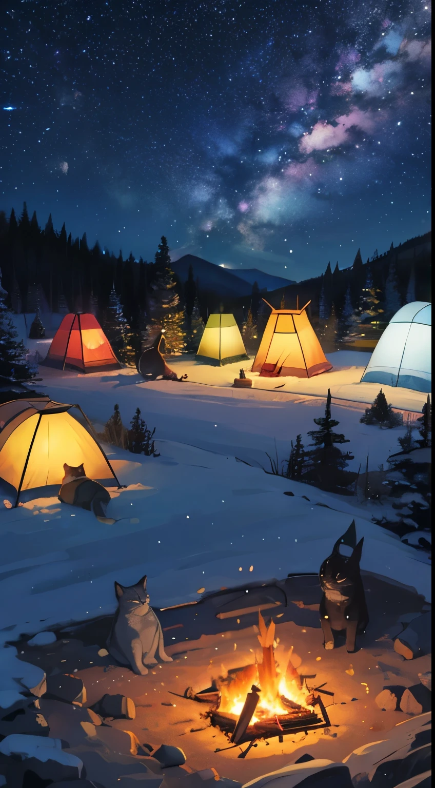 camp site、The cat is sleeping,Teepee、burning fire、Barbecue stove、Camping Chair、starry sky、quiet place、beautiful scenery、lantern light、Nobody is here。