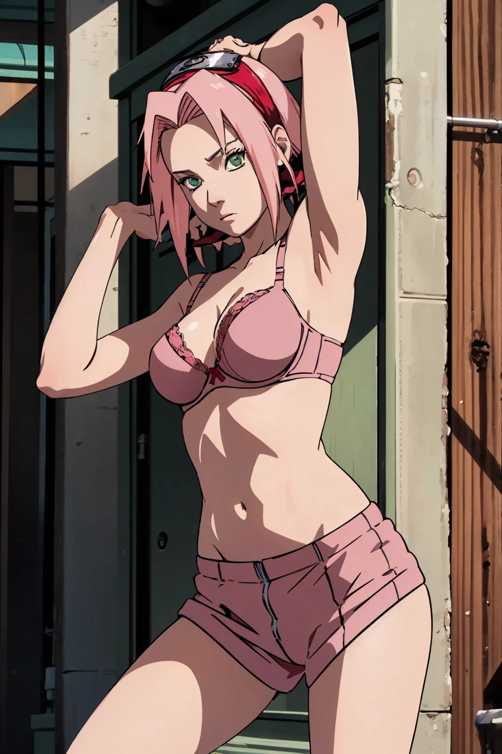 sakura haruno, (((((wearing bra))))) ,full body view, konohagakure symbol, arms behind head, arms up, armpits, showing armpits, posing, green eyes, perfect proportions, sakura shippuden, masterpiece, best quality, short hair, pink hair, 175 height,long belly 