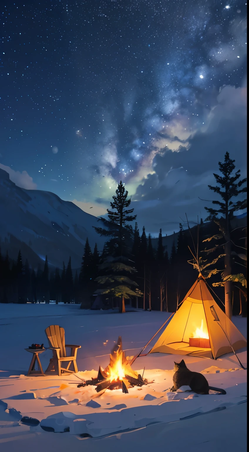 camp site、The cat is sleeping，Teepee、burning fire、Barbecue stove、Camping Chair、starry sky、quiet place、beautiful scenery、lantern light、Nobody is here。