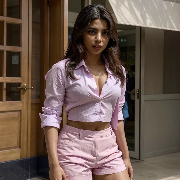 Priyanka Chopra dressed in pink dress shirt and blue shorts