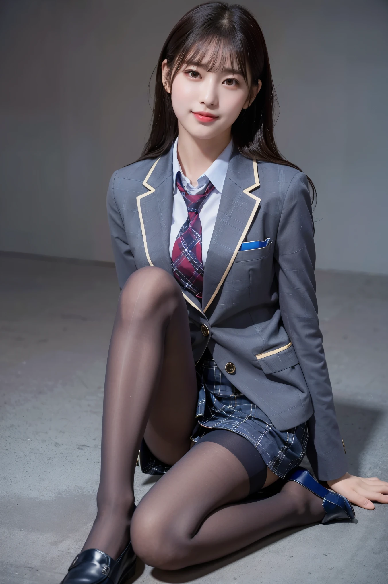(8K), (highest quality: 1.2), (realistic), (realistic: 1.37), ultra high resolution, (1 girl), cute, smile, closed mouth, beautiful details, beautiful nose, wet hair, giant dulcefo, pork, thighs,self snap,University Student Uniform,(A simple navy blue blazer),pleated skirt,(The skirt and tie are gray tartan check pattern....:1.3),(sitting:1), sit on the ground,(hug your feet:1),(Red pantyhose:1.2),(loafers)from the front,knees
