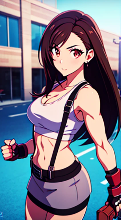 masterpiece, best quality, tifa lockhart, final fantasy vii, 1girl, anime style, cell shading, long black hair, reddish-brown irises, medium breasts, small waist, perfect figure, athletic physique, highly detailed, expressive eyes, perfect face, white crop top, cleavage, elbow pad, fingerless gloves, suspenders, black leather miniskirt, looking at viewer,
