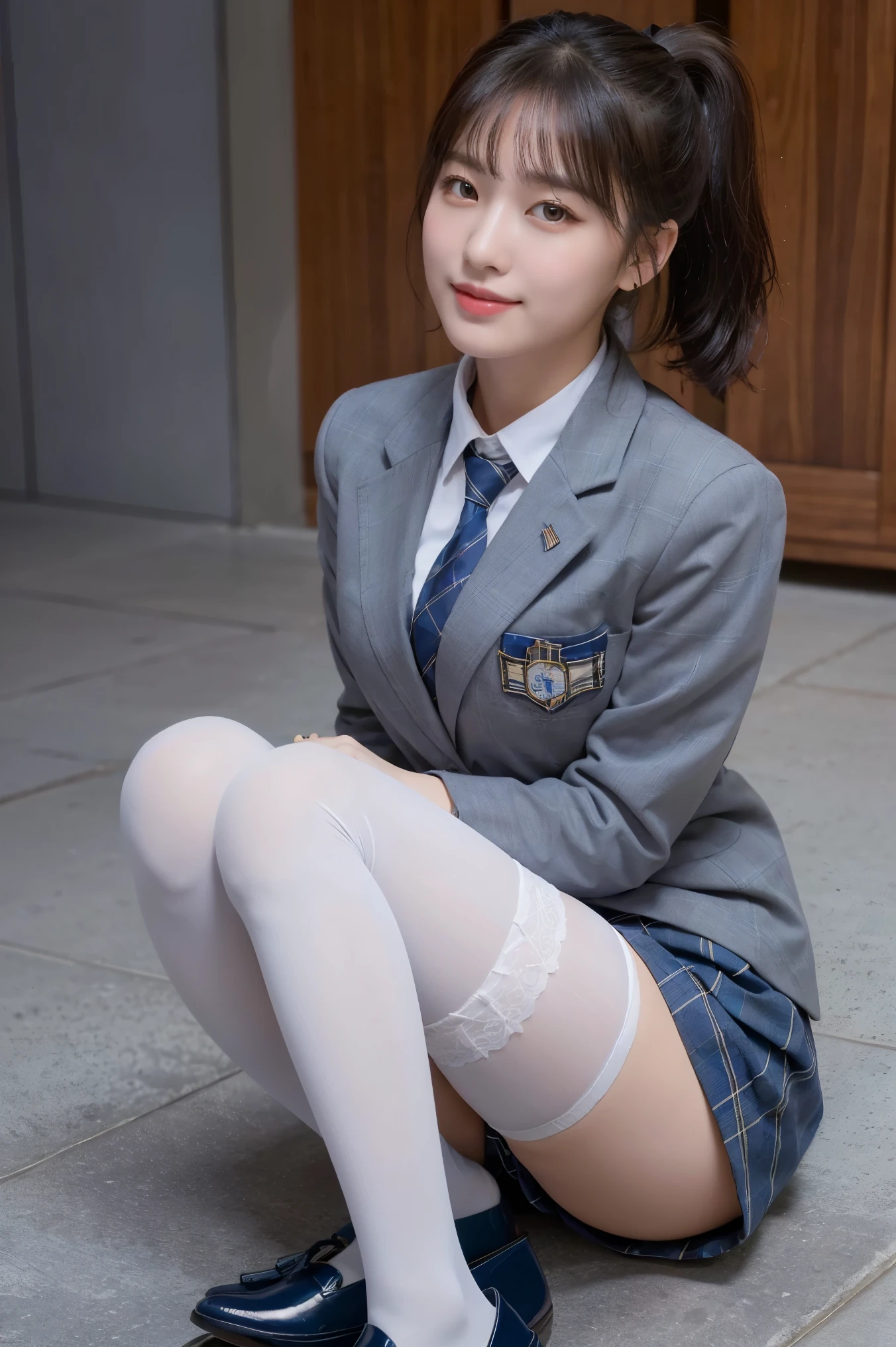 (8K), (highest quality: 1.2), (realistic), (realistic: 1.37), ultra high resolution, (1 girl), cute, smile, closed mouth, beautiful details, beautiful nose, ponytail, giant dulcefo, pork, thighs，self snap,University Student Uniform,(A simple navy blue blazer),pleated skirt,(The skirt and tie are gray tartan check pattern....:1.3),(sitting:1), sit on the ground,(hug your feet:1),(white stockings),from the front,knees,loafers