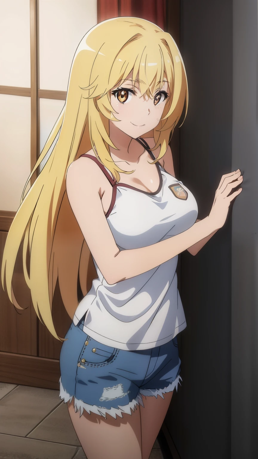 (Top Quality, High Resolution, Masterpiece: 1.2), Super Detailed, Anime Art Style, Shokuhou Misaki, Smile, Blonde, Long Hair, Large and Medium Breasts, Camisole, Shorts, Looking at Camera, Stylish Pose, Stylish Angle, Looking With the camera focused on the center of the image,