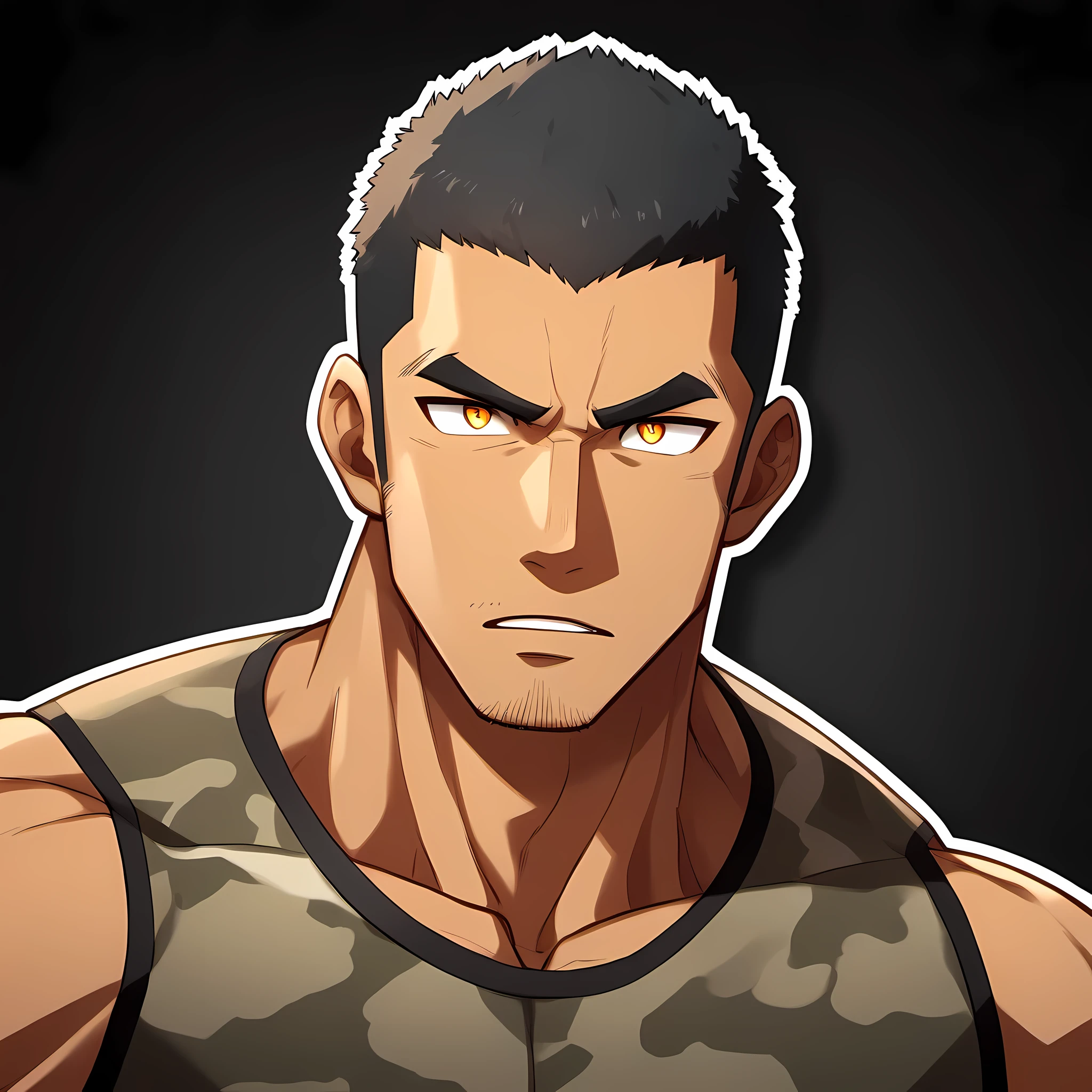 anime characters：Gyee, Fitness coach, Chocolate skin, 1 muscular tough guy, Manliness, male focus, Camouflage sleeveless T-shirt, Very tight, Slightly transparent, muscular male, muscular, only, Upper body, alone, Black short hair, Thick eyebrows, stubble, Yellow eyes, Black background, simple background, amazing quality, best aesthetics, Ridiculous, bright pupils, crew cut, parted lips, v-shaped eyebrows, jitome, drop shadow, best quality